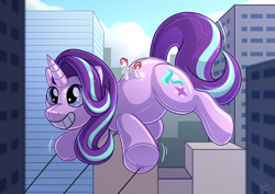 Size: 4093x2894 | Tagged: safe, alternate version, artist:sugaryviolet, character:starlight glimmer, oc, oc:swift apex, species:pony, species:unicorn, g4, absurd resolution, bean mouth, city, cutie mark, digital art, female, inflatable, mare, parade balloon, riding, ropes, smiling