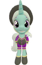 Size: 468x720 | Tagged: safe, artist:topsangtheman, species:pony, species:unicorn, 3d, clothing, cornetta, female, grin, hat, looking at you, simple background, smiling, solo, source filmmaker, transparent background, uniform
