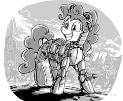 Size: 1788x1468 | Tagged: safe, artist:jowyb, character:pinkie pie, species:earth pony, species:pony, fanfic:the immortal game, armor, fanfic art, female, grayscale, mare, monochrome, smiling, solo focus
