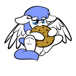 Size: 2160x2170 | Tagged: safe, artist:kimjoman, part of a set, oc, oc only, oc:snow pup, species:pegasus, species:pony, chocolate chip cookies, commission, cookie, female, food, giant cookie, nom, simple background, solo, transparent background, underhoof, ych result