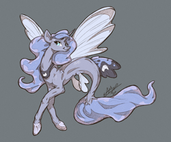 Size: 1440x1200 | Tagged: safe, artist:assasinmonkey, character:princess luna, species:alicorn, species:pony, species:seapony (g4), digital art, female, fin wings, fish tail, flowing mane, freckles, green eyes, hoof shoes, horn, mermay, seaponified, seapony luna, signature, simple background, smiling, solo, species swap, wings