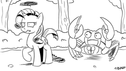 Size: 1200x675 | Tagged: safe, artist:pony-berserker, character:rarity, species:crab, crab battle, giant crab, imminent death, moments before disaster, monochrome, peace was never an option, pony-berserker's twitter sketches, rarity fighting a giant crab, reference to another series, this will end in death, this will not end well