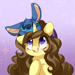 Size: 1000x1000 | Tagged: safe, artist:loyaldis, oc, oc:astral flare, species:pony, species:unicorn, adorkable, beanie, blushing, clothing, cute, dork, hat, hoof on chest, lilo and stitch, looking up, open mouth, plushie, smiling, stars, stitch