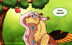 Size: 1107x695 | Tagged: safe, artist:inuhoshi-to-darkpen, oc, oc only, oc:serenity, parent:discord, parent:fluttershy, parents:discoshy, species:draconequus, apple, apple tree, chest fluff, draconequus oc, drool, ear fluff, eyes on the prize, fangs, female, flower, flower in hair, flowing mane, food, hybrid, implied applejack, interspecies offspring, offspring, solo, tongue out, tree