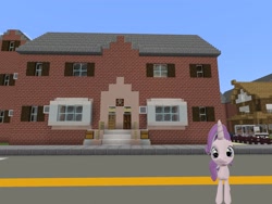 Size: 2048x1536 | Tagged: safe, artist:topsangtheman, character:starlight glimmer, species:pony, species:unicorn, 3d, bus, female, house, looking at you, minecraft, photoshopped into minecraft, solo, source filmmaker