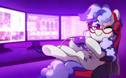 Size: 1131x707 | Tagged: safe, artist:dawnfire, oc, oc only, oc:cinnabyte, species:earth pony, species:pony, adorkable, chair, controller, cute, dork, female, gamecube controller, gaming chair, gaming headset, gaming monitor, glasses, headphones, headset, mare, monitor, one eye closed, pc, smiling, wink