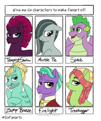 Size: 1004x1200 | Tagged: safe, artist:tambelon, character:firelight, character:marble pie, character:spike, character:tempest shadow, character:tree hugger, character:zephyr breeze, species:dragon, species:earth pony, species:pegasus, species:pony, species:unicorn, broken horn, bust, clothing, female, gigachad spike, horn, male, mare, older, older spike, open mouth, six fanarts, smiling, stallion, winged spike