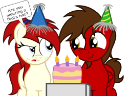 Size: 1600x1200 | Tagged: safe, artist:toyminator900, oc, oc only, oc:chip, oc:silver draw, species:pegasus, species:pony, species:unicorn, an-tonio's birthday, birthday, birthday cake, birthday gift, cake, candle, clothing, dialogue, duo, facial hair, female, food, freckles, hat, male, mare, party hat, show accurate, simple background, smiling, speech bubble, stallion, transparent background