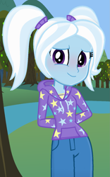 Size: 809x1294 | Tagged: safe, artist:grapefruitface1, artist:limedreaming, gameloft, character:trixie, my little pony:equestria girls, alternate hairstyle, arm behind back, babysitter trixie, blushing, clothing, cute, dawwww, diatrixes, female, gameloft interpretation, hoodie, looking at you, outdoors, pigtails, smiling, solo, twintails