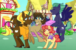 Size: 2048x1371 | Tagged: safe, artist:cubbybatdoodles, artist:vector-brony, character:dinky hooves, oc, oc:brown butter, oc:hopscotch, oc:whimsical note, oc:wind biter, parent:derpy hooves, parent:doctor whooves, parent:ponet, parent:time turner, parents:doctorderpy, parents:ponetderp, species:earth pony, species:pegasus, species:pony, species:unicorn, baby, baby pony, brother and sister, brothers, clothing, cute, dinkabetes, donut, eating, female, filly, flying, food, hoof hold, horn, leonine tail, levitation, magic, male, mare, mouth hold, ocbetes, offspring, onesie, shirt, short hair, short tail, siblings, sisters, stallion, sweater, teething ring, telekinesis, wall of tags, wings
