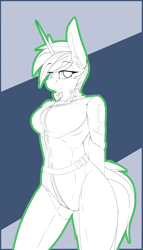 Size: 2000x3500 | Tagged: safe, artist:chapaevv, patreon reward, oc, oc:littlepip, species:anthro, fallout equestria, clothing, monochrome, patreon, solo, vault suit