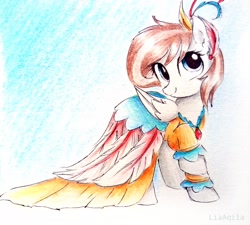Size: 2584x2322 | Tagged: safe, artist:liaaqila, oc, oc:aurelia freefeather, species:pegasus, species:pony, clothing, commission, cute, dress, fancy dress, female, happy, looking at you, mare, ocbetes, simple background, smiling, smiling at you, solo, traditional art, watercolor painting, white background