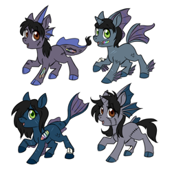 Size: 750x750 | Tagged: safe, artist:jitterbugjive, oc, oc only, species:pony, bone, cloven hooves, colored hooves, colt, female, filly, fins, foal, hair over one eye, half-siren, happy, horn, hybrid, magical gay spawn, male, offspring, open mouth, scales, scar, simple background, stitches, torn ear, undead, white background, zombie, zombie pony