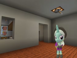 Size: 2048x1536 | Tagged: safe, artist:topsangtheman, species:pony, species:unicorn, 3d, clothing, cornetta, female, hat, house, interior, kitchen, living room, looking at you, minecraft, photoshopped into minecraft, solo, source filmmaker, uniform