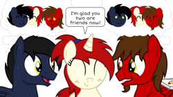 Size: 1920x1080 | Tagged: safe, artist:toyminator900, oc, oc only, oc:chip, oc:shadowmoon, oc:silver draw, species:pegasus, species:pony, species:unicorn, dialogue, facial hair, food, freckles, nervous, pizza, simple background, smiling, speech bubble, sweat, thought bubble, transparent background