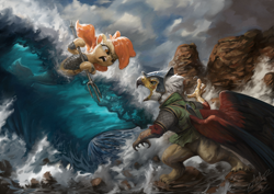 Size: 1440x1020 | Tagged: safe, artist:assasinmonkey, oc, oc only, species:griffon, species:seapony (g4), armor, clothing, cloud, dramatic pose, fight, first contact war, griffon oc, helmet, hoof hold, ocean, open mouth, trident, war, war face, water, wave, weapon