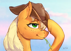 Size: 1040x748 | Tagged: safe, artist:kovoranu, artist:xbi, colorist:xbi, character:applejack, species:earth pony, species:pony, bust, clothing, collaboration, female, hat, mare, mixed media, portrait, side view, sky, sky background, solo, straw in mouth