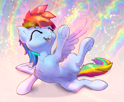 Size: 996x821 | Tagged: safe, artist:xbi, character:rainbow dash, species:pegasus, species:pony, abstract background, chest fluff, color porn, cute, dashabetes, eyes closed, female, gradient background, laughing, mare, rainbow, solo, underhoof