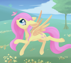 Size: 1821x1602 | Tagged: safe, artist:dusthiel, character:fluttershy, species:pegasus, species:pony, butterfly, chest fluff, cute, ear fluff, female, leg fluff, lineless, mare, profile, shyabetes, solo, tree