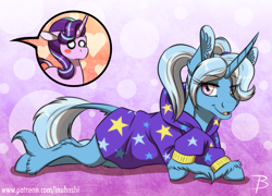 Size: 1219x876 | Tagged: safe, artist:inuhoshi-to-darkpen, gameloft, character:starlight glimmer, character:trixie, species:pony, species:unicorn, babysitter trixie, blush sticker, blushing, clothing, ear fluff, female, gameloft interpretation, heart, hoodie, hoof fluff, leonine tail, looking at you, mare, open mouth, pigtails, prone, twintails, unshorn fetlocks