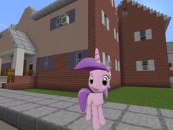 Size: 2048x1536 | Tagged: safe, artist:topsangtheman, character:amethyst star, character:sparkler, species:pony, species:unicorn, 3d, female, house, looking at you, minecraft, photoshopped into minecraft, solo, source filmmaker