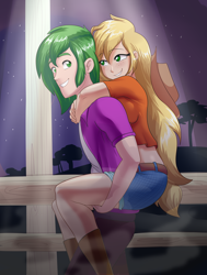 Size: 1550x2048 | Tagged: safe, artist:thebrokencog, character:applejack, character:spike, species:human, ship:applespike, carrying, commission, cute, female, humanized, male, night, older, older spike, piggyback ride, shipping, smiling, straight