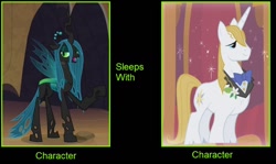 Size: 1280x764 | Tagged: safe, artist:themexicanpunisher, edit, edited screencap, screencap, character:prince blueblood, character:queen chrysalis, species:changeling, species:pony, species:unicorn, black background, bluesalis, changeling queen, female, implied sleep, interspecies, male, meme, shipping, simple background, stallion, straight, text, what if