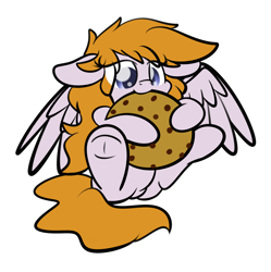 Size: 2160x2170 | Tagged: safe, artist:kimjoman, part of a set, oc, oc:cookie byte, species:pegasus, species:pony, chocolate chip cookies, commission, cookie, cute, female, food, frog (hoof), giant cookie, mare, nibbling, nom, simple background, solo, transparent background, underhoof, ych result