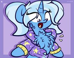 Size: 3250x2560 | Tagged: safe, artist:kimjoman, character:trixie, species:pony, species:unicorn, alternate hairstyle, babysitter trixie, chest fluff, clothing, cute, diatrixes, female, fluffy, gameloft interpretation, high res, hoodie, impossibly large chest fluff, mare, open mouth, ponytail, shocked, solo, sweat