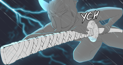 Size: 3000x1600 | Tagged: safe, artist:chapaevv, species:anthro, advertisement, commission, katana, lightning, male, nagamaki, night, rain, solo, sword, weapon, ych sketch, your character here