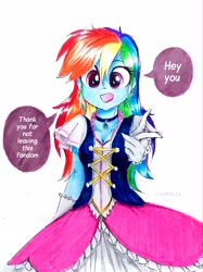 Size: 2279x3039 | Tagged: safe, artist:liaaqila, character:rainbow dash, my little pony:equestria girls, appreciation, breasts, cleavage, clothing, corset, cute, dashabetes, ear piercing, earring, female, gloves, jewelry, looking at you, necklace, piercing, pointing at you, rainbow dash always dresses in style, smiling, solo, talking to viewer