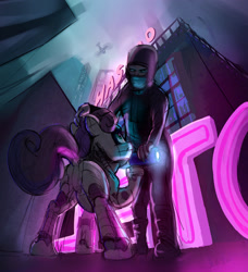 Size: 2623x2877 | Tagged: safe, artist:xbi, character:sweetie belle, species:human, species:pony, species:unicorn, sweetie bot, city, cityscape, cyberpunk, duo, robot, robot pony, tabun art-battle finished after