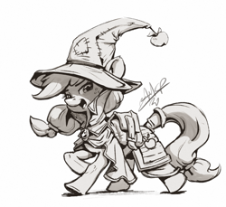 Size: 1080x989 | Tagged: safe, artist:assasinmonkey, character:applejack, species:earth pony, species:pony, clothing, cute, female, final fantasy, freckles, hat, jackabetes, lineart, mare, monochrome, open mouth, signature, simple background, solo, white background, wizard hat