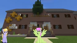Size: 1334x750 | Tagged: safe, artist:bluemeganium, artist:topsangtheman, character:cloud kicker, character:merry may, species:pegasus, species:pony, house, looking at you, minecraft, photoshopped into minecraft