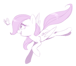 Size: 2803x2460 | Tagged: safe, artist:jessy, character:fluttershy, species:pegasus, species:pony, butterfly, cute, female, filly, filly fluttershy, flying, looking at something, mare, monochrome, open mouth, shyabetes, simple background, smiling, solo, spread wings, white background, wings, younger