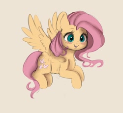 Size: 2308x2126 | Tagged: safe, artist:miokomata, character:fluttershy, species:pegasus, species:pony, blushing, chest fluff, cute, fangs, female, flying, freckles, freckleshy, high res, mare, open mouth, shyabetes, simple background, smiling, solo, spread wings, white background, wings