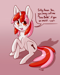 Size: 1280x1600 | Tagged: safe, artist:dsp2003, oc, oc:righty tighty, species:pony, species:unicorn, awesome face, birthday gift art, blushing, comic, dialogue, eyeroll, female, implied anon, open mouth, pun, signature, single panel, sitting, speech bubble