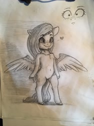 Size: 1536x2048 | Tagged: safe, artist:miokomata, character:fluttershy, species:pegasus, species:pony, belly button, chest fluff, colored hooves, female, floppy ears, freckles, freckleshy, heart, human shoulders, semi-anthro, solo, traditional art