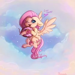 Size: 4000x4000 | Tagged: safe, artist:miokomata, character:fluttershy, species:pegasus, species:pony, absurd resolution, belly fluff, blushing, cloud, colored hooves, cute, dialogue, donut, ear fluff, female, floppy ears, flying, food, freckles, freckleshy, heart, holding, hoof hold, leg fluff, looking at you, mare, one eye closed, shyabetes, sky, solo, spread wings, underhoof, wings