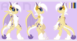 Size: 4219x2269 | Tagged: safe, artist:pearlyiridescence, oc, oc only, oc:renapony, species:anthro, species:dragon, black sclera, claws, dragoness, dragonified, female, horns, reference sheet, smiling, solo, species swap, turnaround, wings
