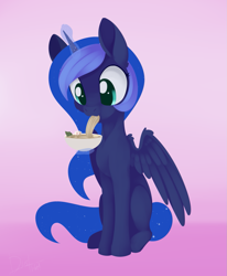 Size: 1107x1341 | Tagged: safe, artist:dusthiel, character:princess luna, species:alicorn, species:pony, newbie artist training grounds, atg 2020, eating, female, food, glowing horn, gradient background, horn, looking at something, magic, mare, noodles, ramen, sitting, solo, spread wings, three quarter view, wings