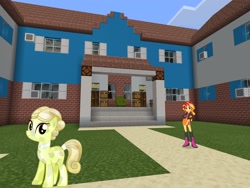 Size: 2048x1536 | Tagged: safe, artist:topsangtheman, artist:vector-brony, character:sunset shimmer, species:crystal pony, species:earth pony, species:pony, my little pony:equestria girls, golden glitter, house, looking at you, minecraft, photoshopped into minecraft