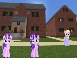Size: 2048x1536 | Tagged: safe, artist:bluemeganium, artist:topsangtheman, artist:xebck, character:cloud kicker, character:starlight glimmer, species:pegasus, species:pony, species:unicorn, house, looking at you, minecraft, photoshopped into minecraft, ponidox, self ponidox, this will end in timeline distortion