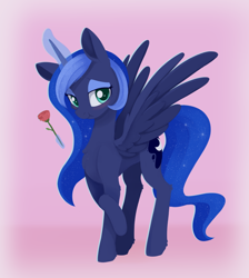 Size: 1496x1668 | Tagged: safe, artist:dusthiel, character:princess luna, species:alicorn, species:pony, newbie artist training grounds, atg 2020, female, flower, looking at you, magic, mare, rose, solo, telekinesis