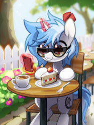 Size: 560x748 | Tagged: safe, artist:dawnfire, oc, oc only, oc:clairvoyance, species:pony, species:unicorn, cake, coffee, fence, food, fork, phone, solo, sunglasses, table