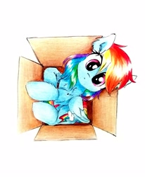 Size: 2322x2824 | Tagged: safe, artist:liaaqila, character:rainbow dash, species:pegasus, species:pony, behaving like a cat, box, cardboard box, cute, dashabetes, female, if i fits i sits, lightly watermarked, looking at you, looking up, looking up at you, overhead view, pony in a box, simple background, solo, traditional art, watermark, white background