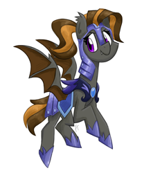 Size: 3000x3600 | Tagged: safe, artist:flutterthrash, oc, oc only, oc:mythic dawn, species:bat pony, armor, bat pony oc, bat wings, commission, fangs, night guard, night guard armor, ponytail, purple eyes, simple background, smiling, solo, standing, white background, wings