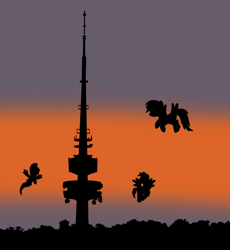 Size: 716x778 | Tagged: safe, artist:didgereethebrony, character:fluttershy, character:rainbow dash, oc, oc:didgeree, species:pegasus, species:pony, canberra, flying, mlp in australia, silhouette, sunset, telstra tower, trace