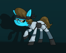 Size: 1997x1606 | Tagged: safe, artist:moonatik, oc, oc only, oc:modular, species:earth pony, species:pony, art trade, bag, bandana, boots, clothing, earth pony oc, glasses, gloves, headband, male, metal gear solid, saddle bag, shoes, solid snake, solo, stallion