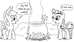 Size: 1200x675 | Tagged: safe, artist:pony-berserker, part of a set, character:applejack, character:rarity, species:crab, species:earth pony, species:pony, species:unicorn, black and white, bush, cauldron, cooking, cooking pot, crab soup, dialogue, duo, english, fire, food, giant crab, grayscale, ladle, monochrome, open mouth, outdoors, pun, rarity fighting a giant crab, simple background, soup, speech bubble, standing, steam, talking, walking, white background, wood